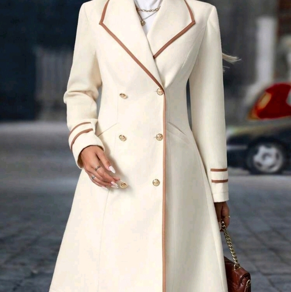 Women's Casual Collared Contrast Trim Button-Front Long Sleeve Coat - Picture 5 of 6